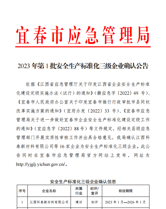 江西科泰被應(yīng)宜春市急管理局評(píng)為安全生產(chǎn)標(biāo)準(zhǔn)化三級(jí)企業(yè)